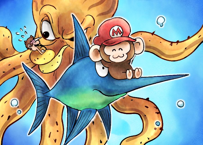 animal_ears, animal_focus, blue_background, donkey_kong_(series), donkey_kong_country, donkey_kong_country_returns, enguarde, fish, hat, kicdon, mario, monkey, monkey_ears, octopus, red_hat, squiddicus, super_mario_bros., swordfish, tentacles, ukiki, underwater