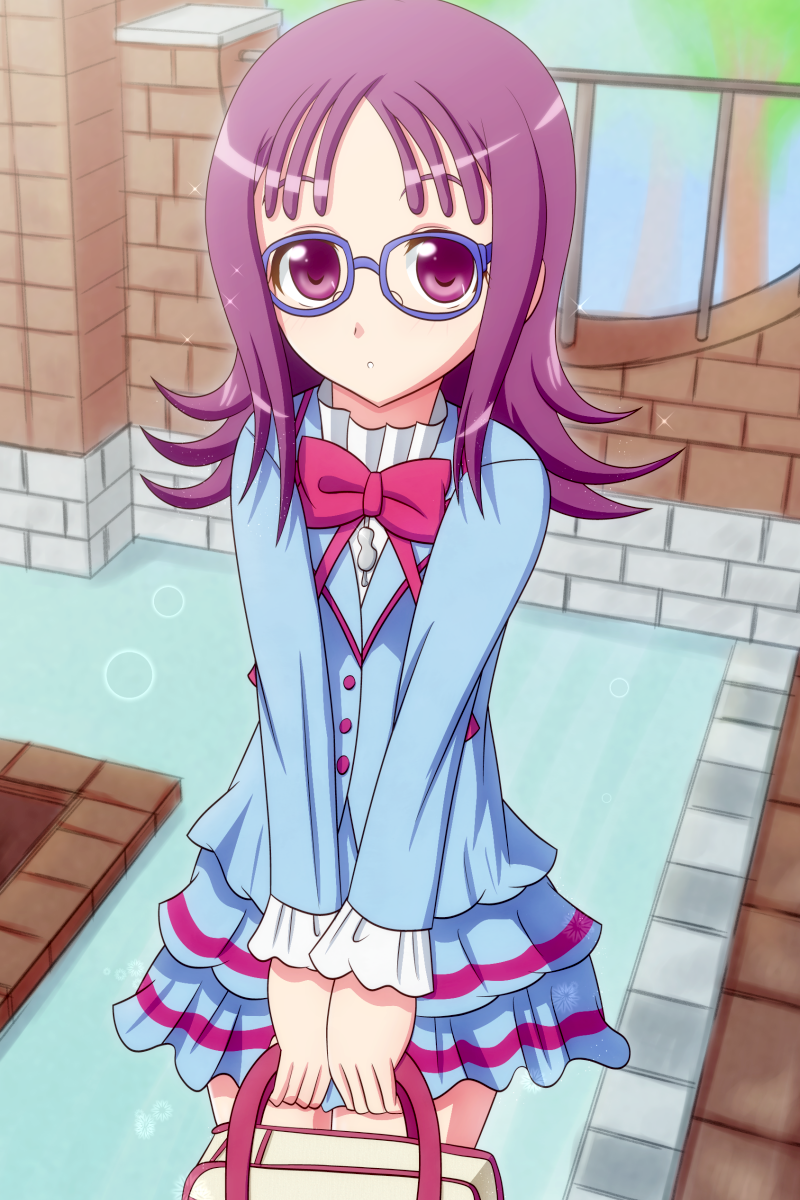 aokura_shou, bag, bow, dress, glasses, highres, houjou_sakura, long_hair
