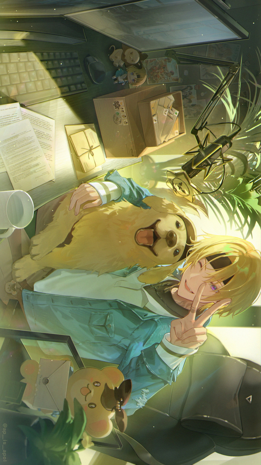 1boy, absurdres, animal, apol_(ap_is_apol), black_headband, blonde_hair, blue_jacket, chair