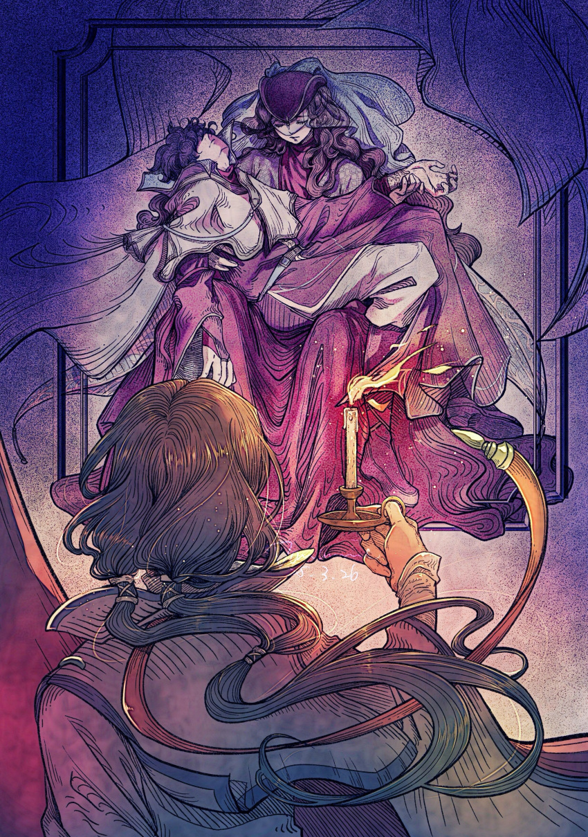 1girl, 2boys, absurdres, almedha, candle, candlestand, capelet, closed_eyes