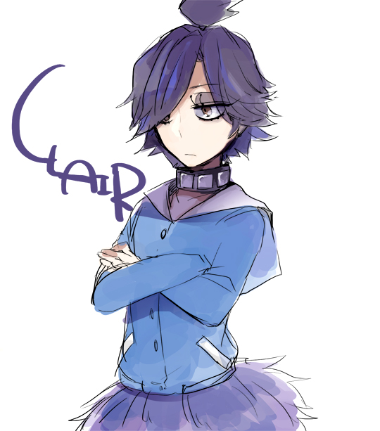 1girl, blue_hair, chiori_(dd07mw), choker, claire_wheeler, commentary_request, crossed_arms, hair_over_one_eye