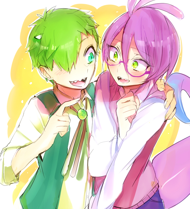 2boys, aged_down, ahoge, blue_eyes, chiori_(dd07mw), commentary_request, fangs, green_eyes