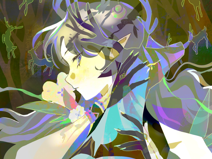 1girl, abstract_background, animal, antlers, bare_shoulders, blue_eyes, blue_hair, closed_mouth, deer, deer_antlers, deer_girl, dress, expressionless, fingernails, from_side, genshin_impact, hair_over_one_eye, hands_up, highres, horns, lauma_(genshin_impact), long_hair, looking_at_viewer, looking_to_the_side, m370n4, multicolored_hair, outdoors, pointy_ears, shade, solo, standing, upper_body, wavy_hair