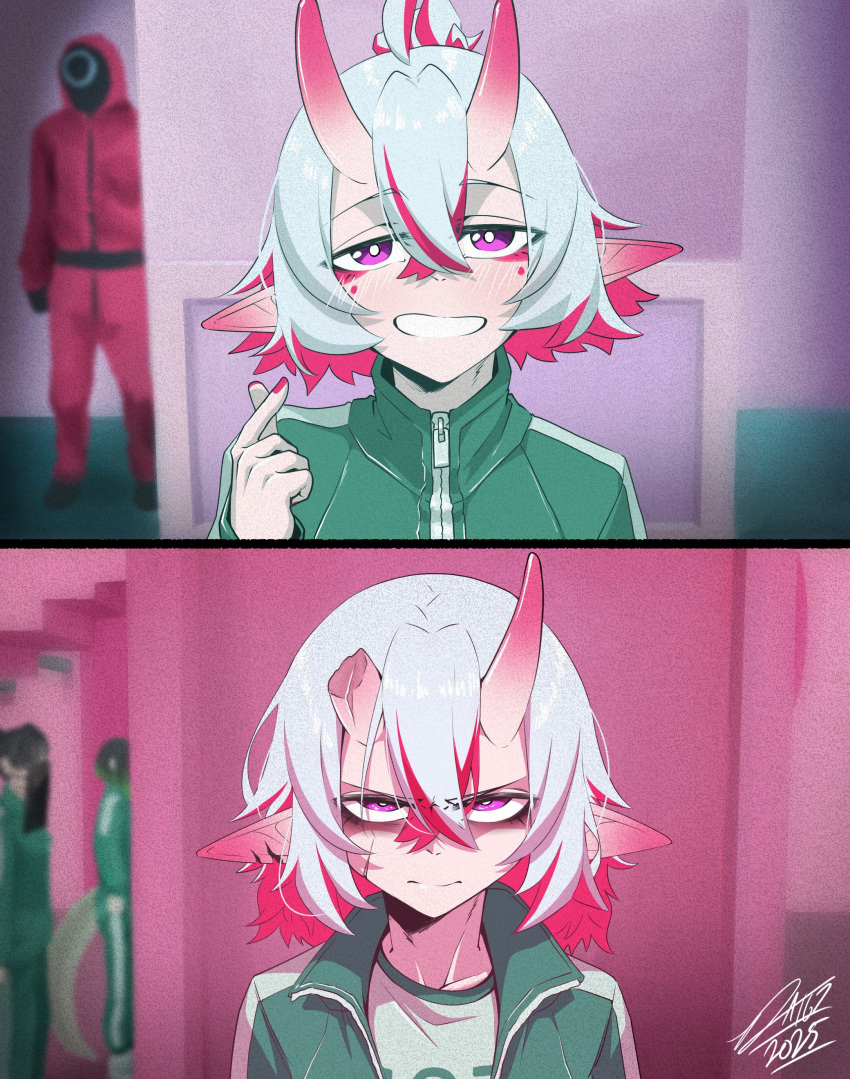 1girl, absurdres, angry, before_and_after, bright_pupils, broken_horn, closed_mouth, colored_inner_hair