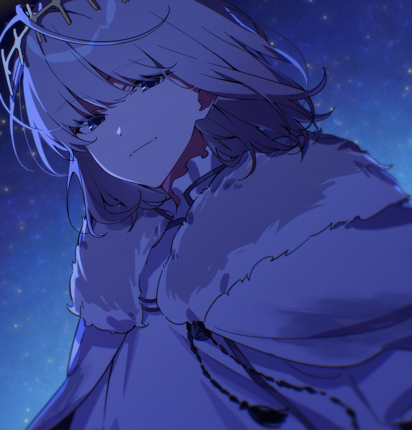 1boy, anniversary, blue_sky, cape, closed_mouth, commentary_request, crown, fate/grand_order