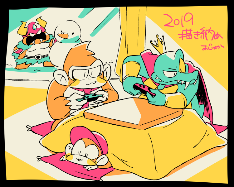 2019, 4boys, ajuka, animal_ears, baseball_cap, cape, crocodilian, crown