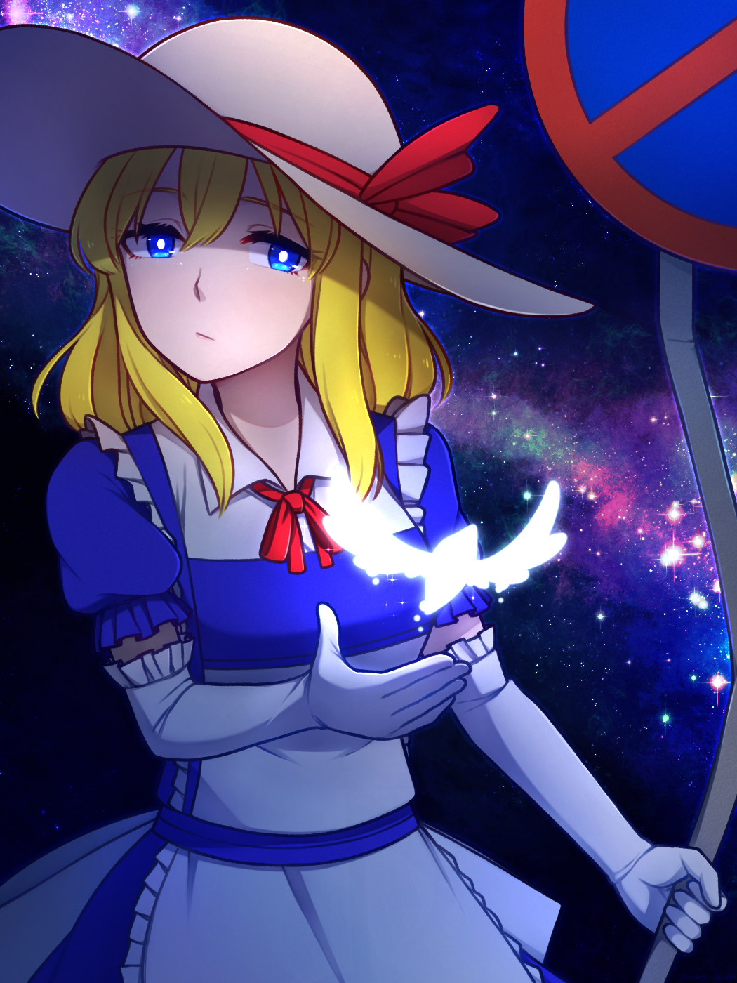 1girl, bird, blonde_hair, blue_dress, blue_eyes, bright_pupils, collared_dress, dress, elbow_gloves, gloves, glowing_pupils, hat, hat_ribbon, highres, holding_road_sign, kana_anaberal, long_hair, neck_ribbon, puffy_short_sleeves, puffy_sleeves, red_ribbon, ribbon, road_sign, short_sleeves, sign, sky, solo, speckticuls, star_(sky), starry_sky, sun_hat, touhou, touhou_(pc-98), upper_body, white_gloves, white_hat, white_pupils