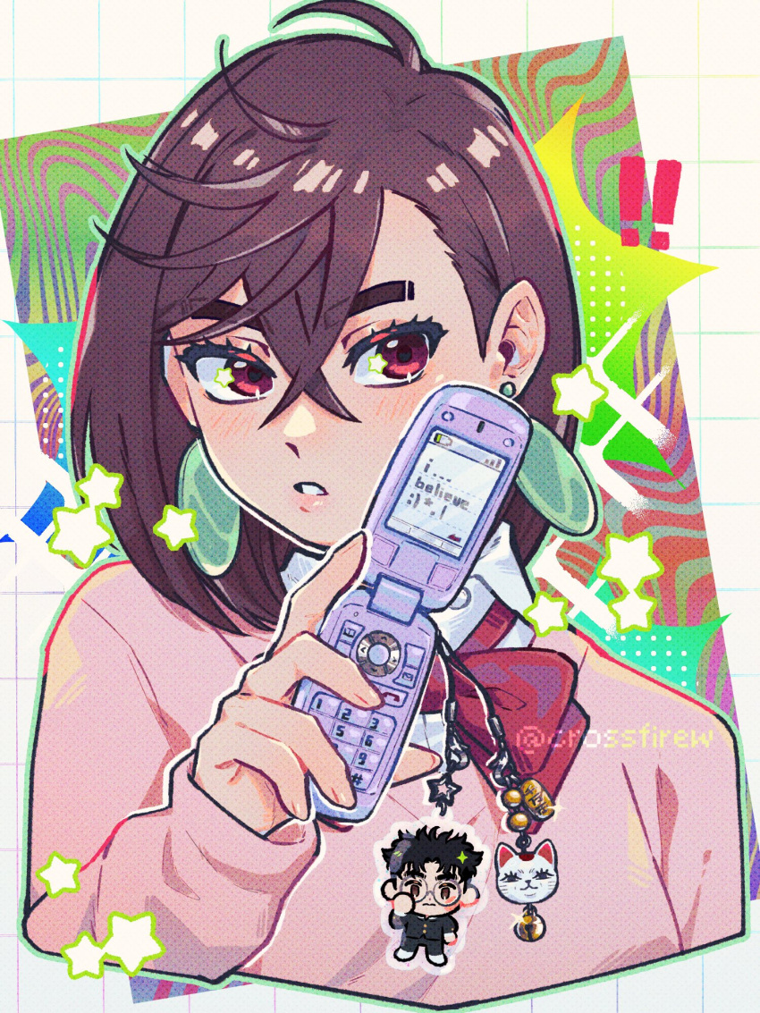 !, !!, 1girl, ayase_momo, blush, bow, bowtie, brown_eyes