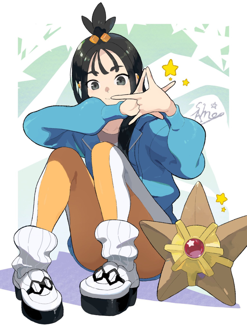 1girl, black_hair, blue_hoodie, choppy_bangs, closed_mouth, cube_hair_ornament, earclip, grey_eyes
