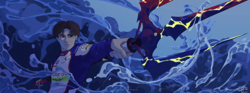 1boy, absurdres, atmisuki, black_eyes, black_hair, blue_background, character_name, closed_mouth