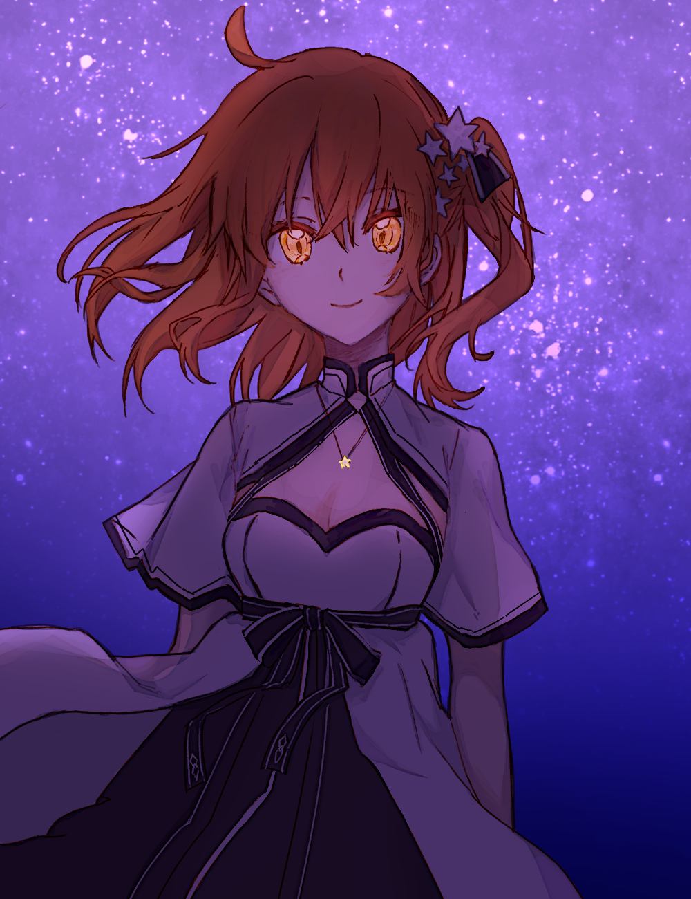 1girl, ahoge, black_bow, black_dress, black_ribbon, blue_sky, bow, breasts