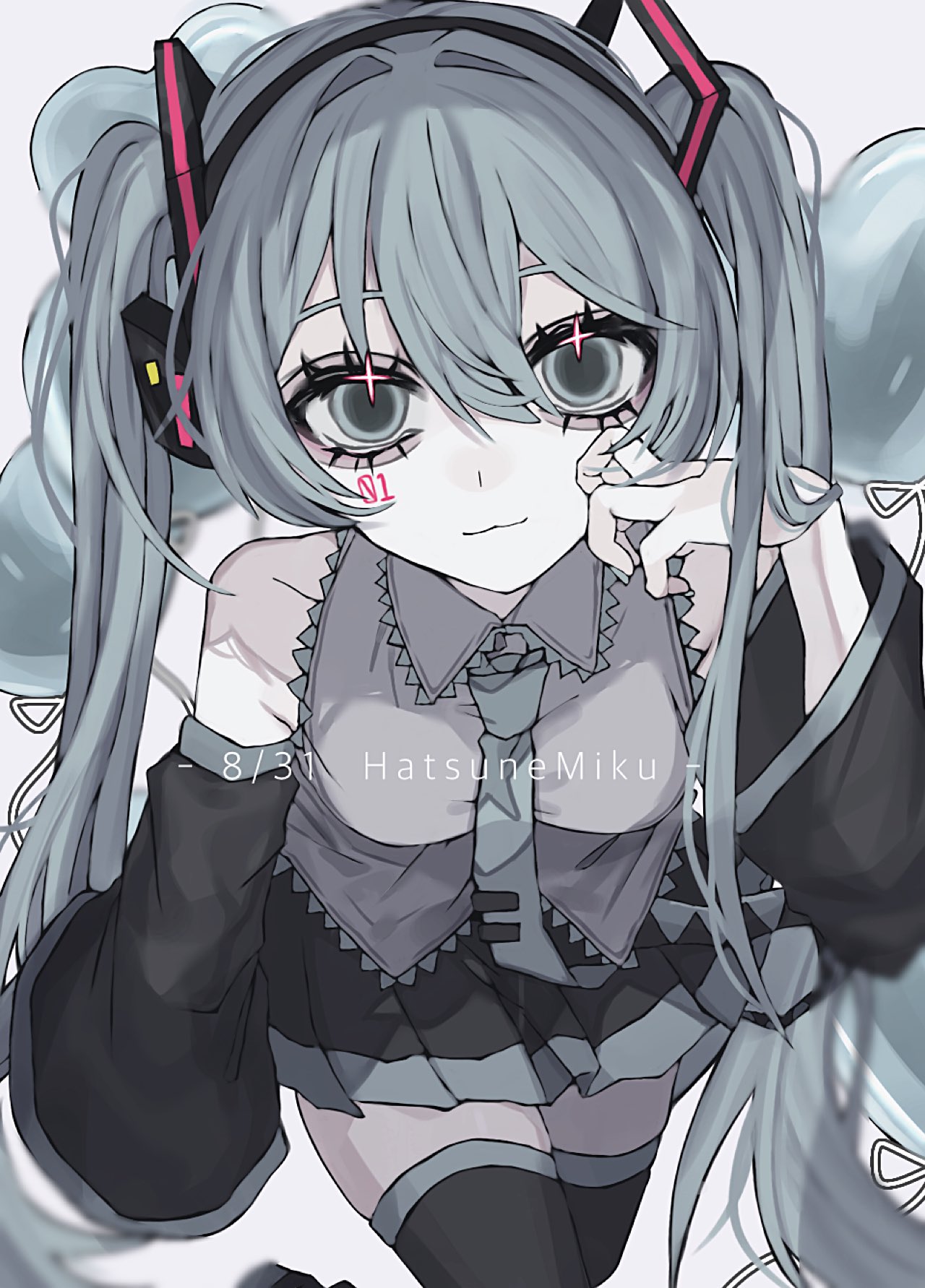 119_kqz, 1girl, :3, aegyo_sal, balloon, black_leggings, black_skirt, black_sleeves, blue_eyes, blue_hair, blue_necktie, blue_trim, collared_shirt, cowboy_shot, detached_sleeves, double-parted_bangs, english_text, from_above, hair_between_eyes, hair_ornament, hand_on_own_face, hatsune_miku, headband, heart_balloon, highres, leggings, looking_at_viewer, necktie, shirt, skirt, sleeveless, sleeveless_shirt, solo, tie_clip, twintails, two-tone_skirt, vocaloid, white_shirt, zettai_ryouiki