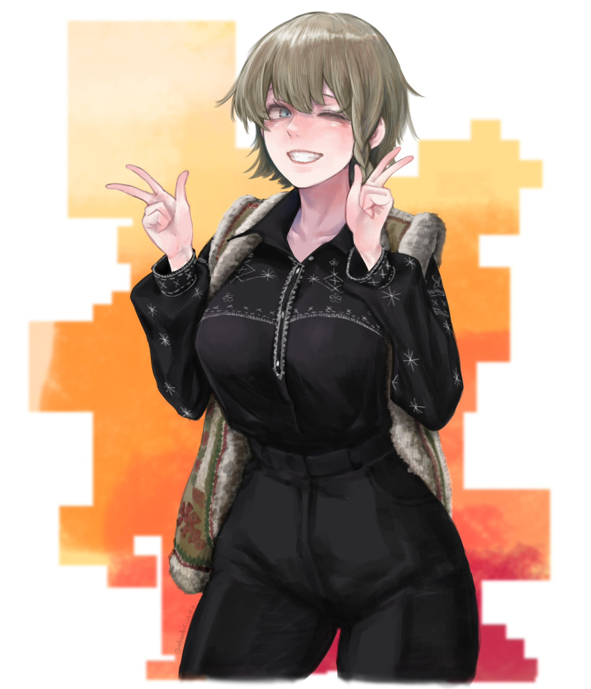 1girl, asymmetrical_bangs, black_pants, black_shirt, blonde_hair, blue_eyes, breasts, clenched_teeth