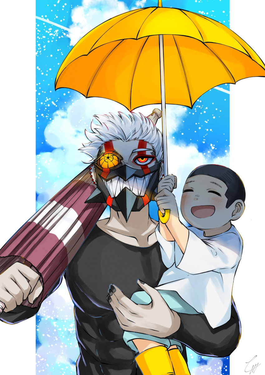 2boys, black_hair, black_skirt, blue_sky, blush, brothers, carrying, carrying_person, child, closed_eyes, clouds, cloudy_sky, collarbone, commentary_request, dandadan, futa_zuma, glowing, glowing_eyes, highres, holding, holding_umbrella, long_sleeves, looking_up, lull_1428, male_focus, mask, mouth_mask, multiple_boys, open_mouth, over_shoulder, red_eyes, short_hair, siblings, signature, skirt, sky, smile, transformation, umbrella, unji_zuma, upper_body, white_hair