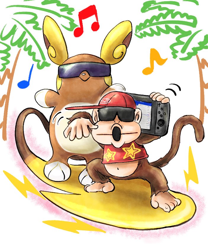 alolan_raichu, animal_ears, baseball_cap, diddy_kong, donkey_kong_(series), donkey_kong_country_2, hat, kicdon