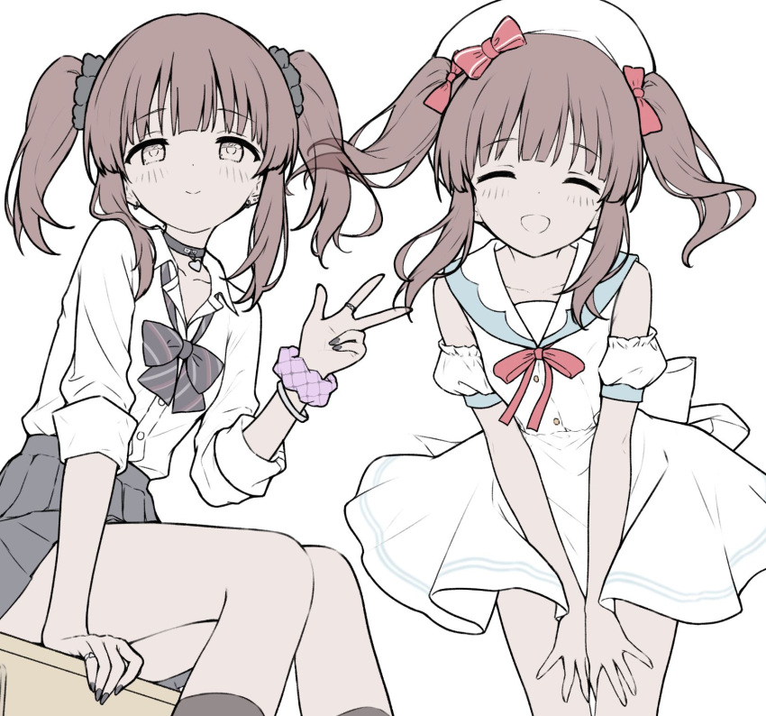 brown_hair, hair_ornament, hair_scrunchie, highres, idolmaster, idolmaster_cinderella_girls, jia_wenyuan, looking_at_viewer, ogata_chieri, school_uniform, scrunchie, serafuku, smile, twintails, white_background, wrist_scrunchie