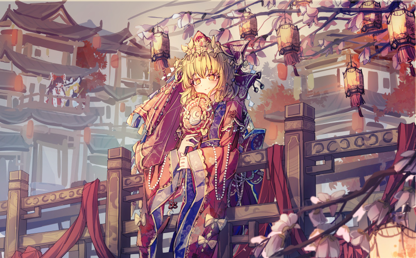 3girls, against_railing, alternate_costume, apron, architecture, autumn_leaves, balcony, black_vest