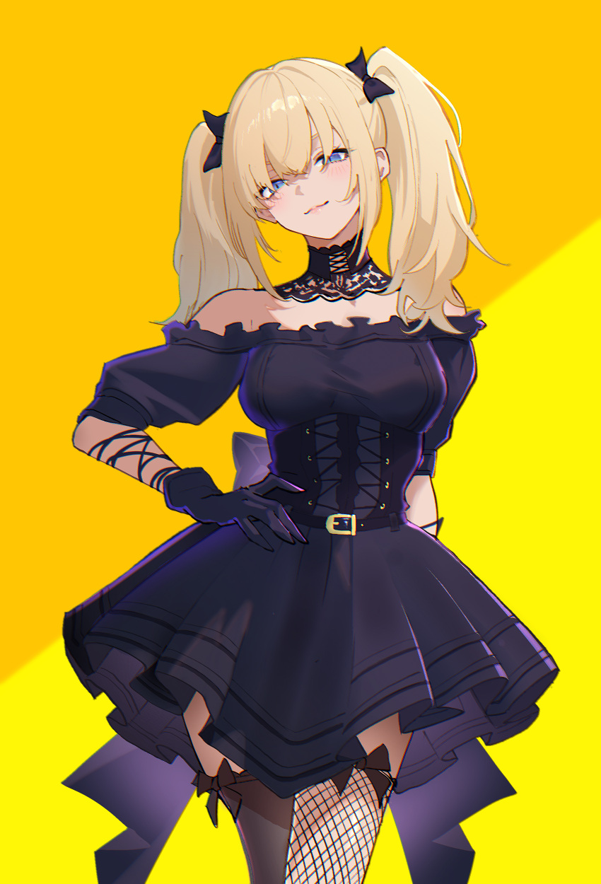 1girl, absurdres, ani_(xai), asymmetrical_legwear, black_bow, black_dress, black_gloves, black_thighhighs