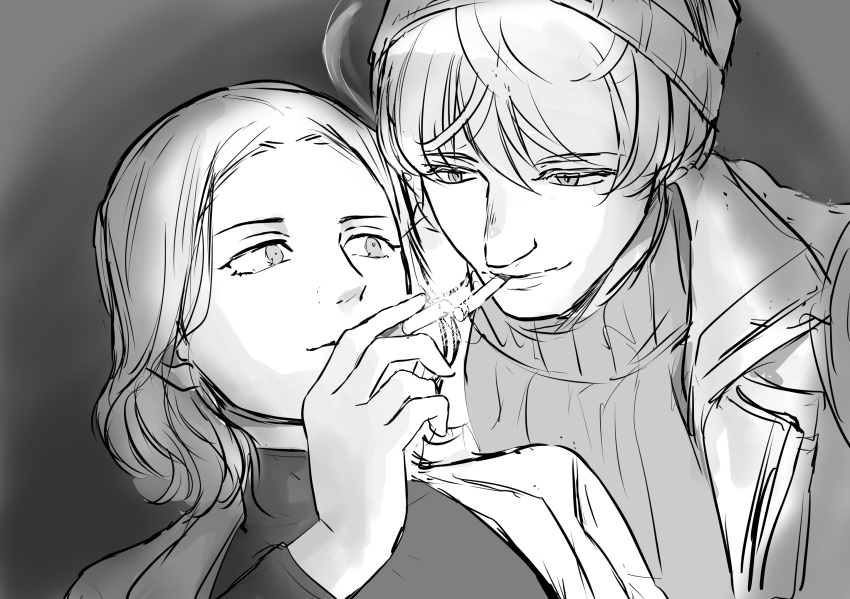 2boys, axis_powers_hetalia, between_fingers, cigarette, closed_mouth, commentary_request, down_jacket, france_(hetalia)