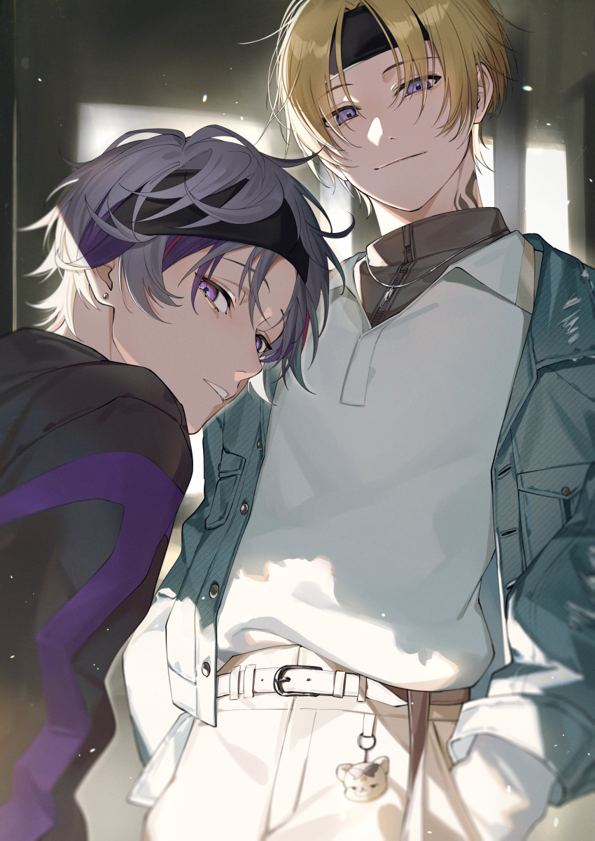 2boys, absurdres, belt, black_headband, blonde_hair, closed_mouth, gavis_bettel, grey_hair