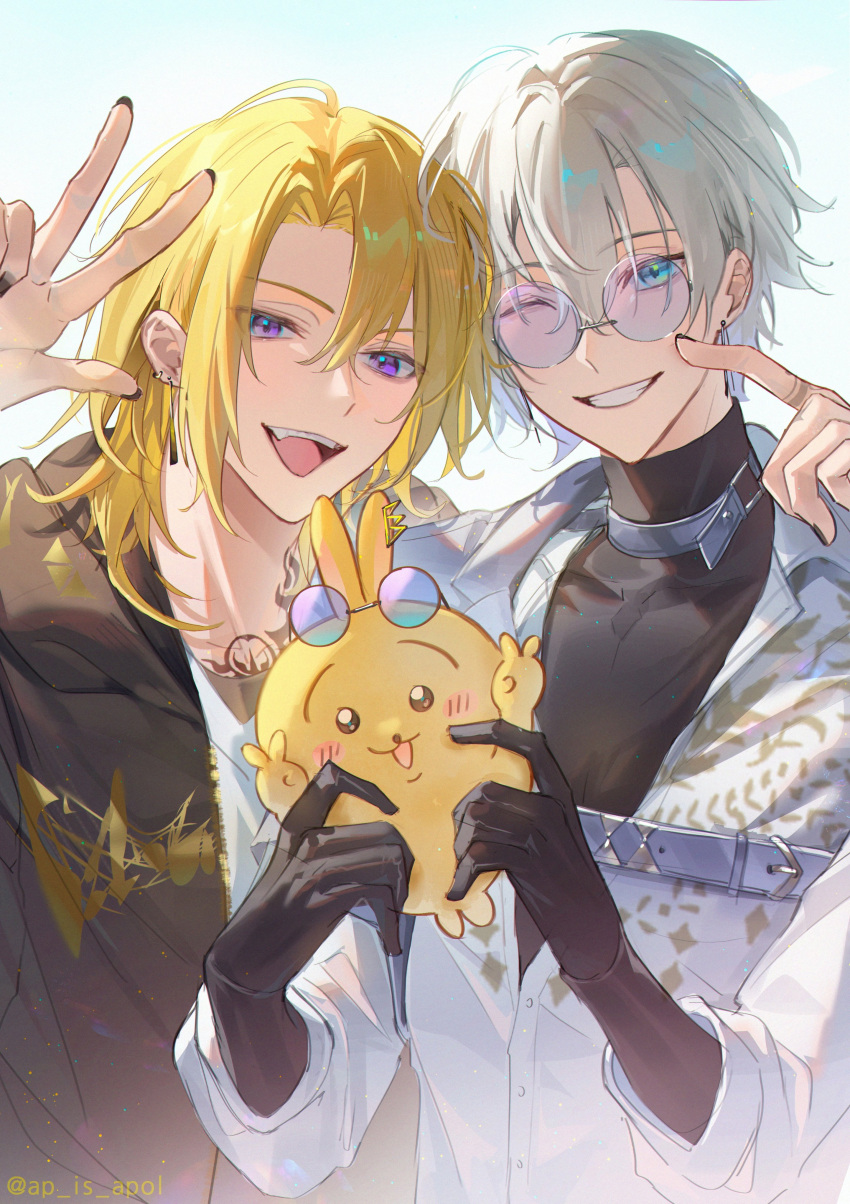 1other, 2boys, absurdres, apol_(ap_is_apol), aqua_eyes, belt, belt_collar, black_gloves