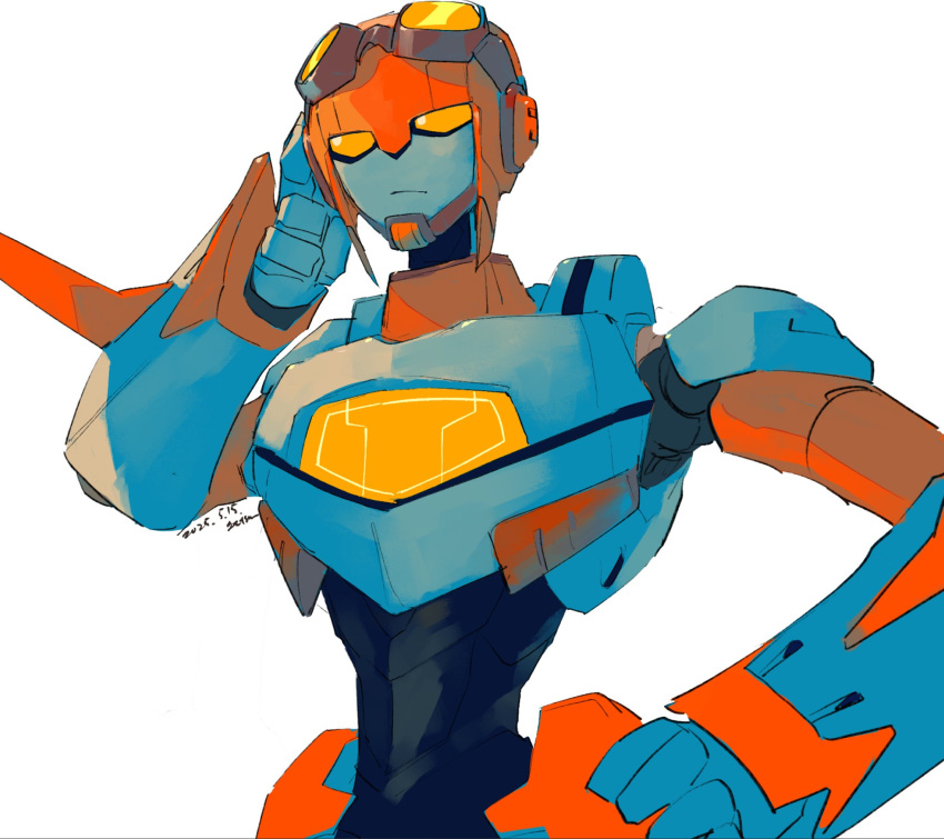 1boy, goggles, goggles_on_head, hand_on_own_hip, helmet, highres, humanoid_robot, jetfire