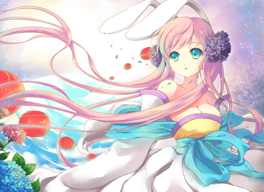 akara_(pixiv), bare_shoulders, breasts, bunny_ears, ceru, cleavage, cloud, clouds, flower, hair_flower, hair_ornament, highres, japanese_clothes, korean_clothes, large_breasts, long_hair, original, pink_hair, sky, solo, twintails