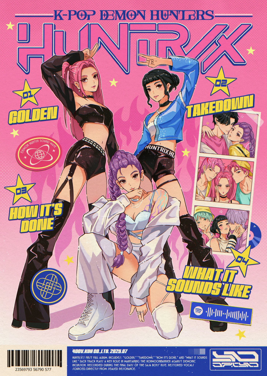 3girls, 5boys, \n/, abby_(kpop_demon_hunters), aqua_hair, baby_(kpop_demon_hunters), bclarissart, black_shorts