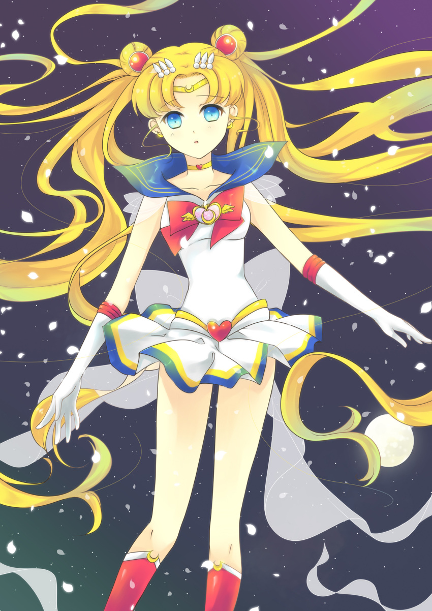 akara_(pixiv), bishoujo_senshi_sailor_moon, blonde_hair, blue_eyes, boots, bow, brooch, ceru, choker, double_bun, elbow_gloves, gloves, hair_ornament, hairpin, highres, jewelry, long_hair, magical_girl, moon, petals, pleated_skirt, ribbon, sailor_collar, sailor_moon, see-through, skirt, solo, super_sailor_moon, tiara, tsukino_usagi, twintails, very_long_hair, white_gloves