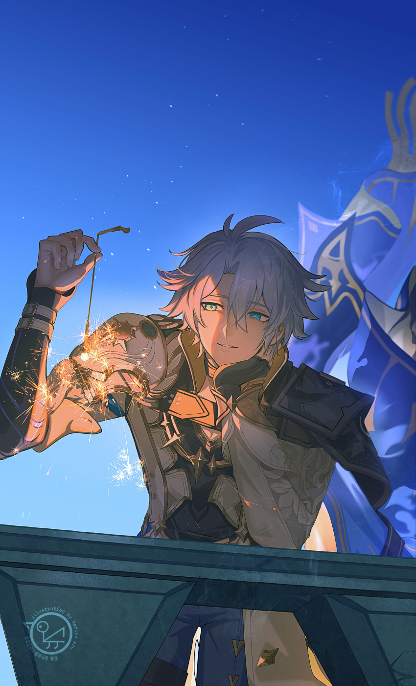 1boy, absurdres, armor, black_gloves, black_pants, blue_eyes, blue_sky, coat