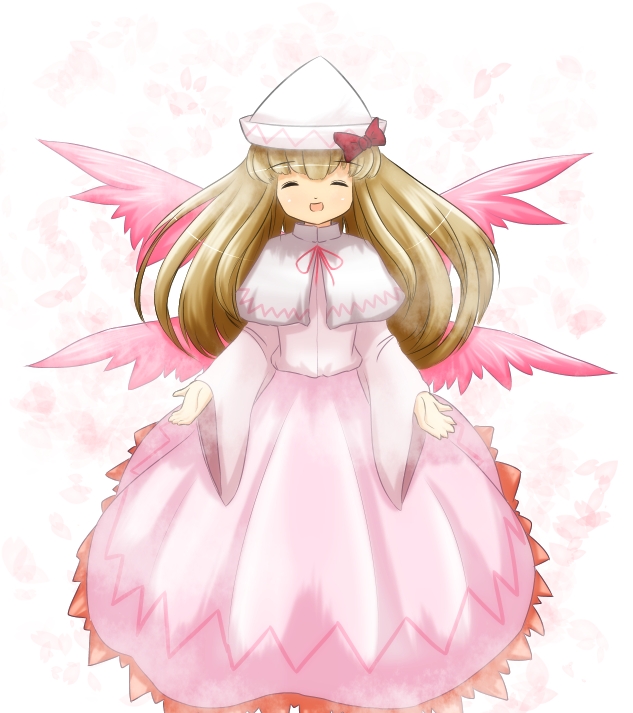 1girl, blonde_hair, bow, capelet, cherry_blossoms, closed_eyes, commentary_request, dress