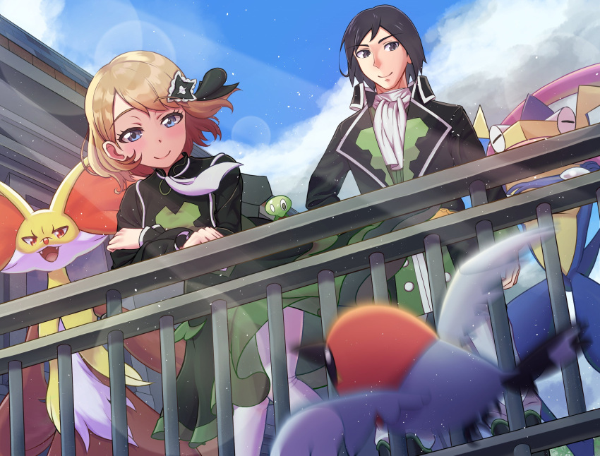 1boy, 1girl, ascot, black_dress, black_hair, brown_hair, calem_(pokemon), delphox
