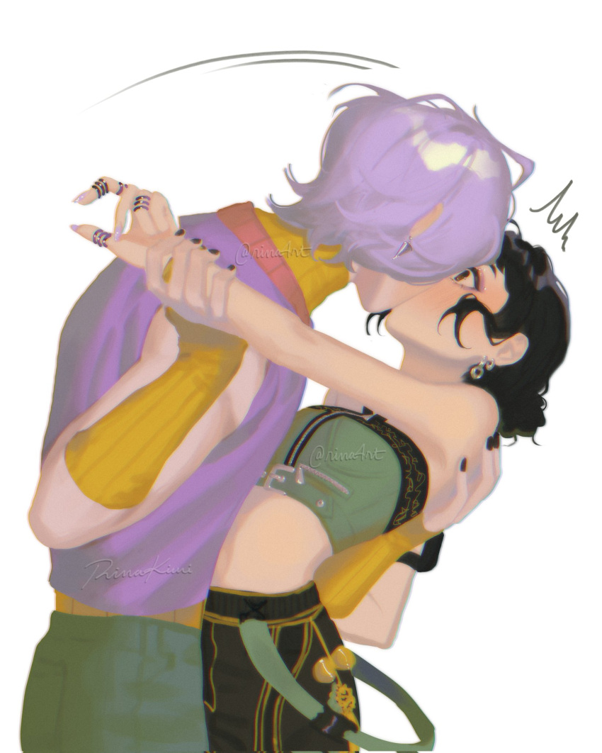 1boy, 1girl, arm_warmers, black_nails, blush, double_bun, earrings, eyeshadow, fingernails, hair_bun, hair_over_one_eye, hashtag-only_commentary, heart, highres, hug, jewelry, kiss, kpop_demon_hunters, long_fingernails, makeup, mole, mystery_(kpop_demon_hunter), one_eye_closed, parted_lips, purple_hair, rina4rt, ring, short_hair, sidelocks, simple_background, spoken_heart, turtleneck, twitter_username, white_background, zoey_(kpop_demon_hunters)