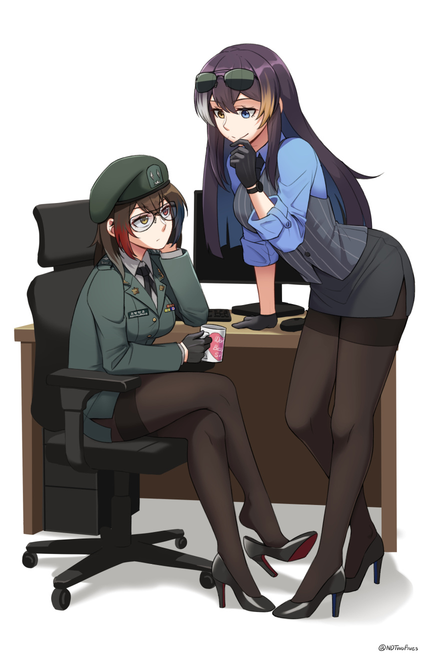 2girls, absurdres, alina_svard_kovalenko_(laotianaviator), aviator_sunglasses, beret, bespectacled, black_gloves, black_necktie, black_pantyhose, blue_eyes, blue_shirt, chair, colored_shoe_soles, commentary, commission, computer_keyboard, computer_mouse, cup, english_commentary, eyewear_on_head, glasses, gloves, hat, heterochromia, high_heels, highres, holding, holding_cup, long_hair, military_uniform, monitor, mug, multicolored_hair, multiple_girls, ndtwofives, necktie, office_chair, office_lady, orange_eyes, original, pantyhose, pencil_skirt, pinstripe_pattern, pinstripe_vest, purple_hair, red_eyes, seoyun_kovalenko_(laotianaviator), shiny_footwear, shirt, shoe_dangle, short_hair, skirt, streaked_hair, sunglasses, swivel_chair, thighband_pantyhose, vest, white_background