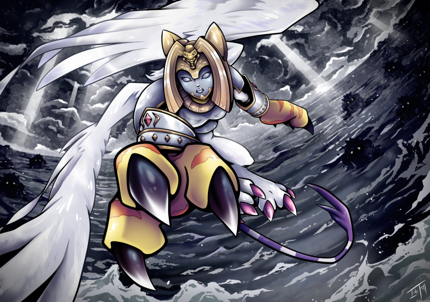 1girl, animal_ears, armor, blonde_hair, breastplate, cat_ears, claws, clouds, covered_eyes, crack_of_light, dark_cloud, digimon, digimon_(creature), digimon_focus, feathered_wings, flying, full_body, grey_mask, helmet, helmet_over_eyes, highres, inkefall, light_rays, nefertimon, outstretched_arm, outstretched_hand, overcast, pauldrons, reaching, reaching_towards_viewer, short_hair, shoulder_armor, sky, solo, sphinx, tail, white_wings, wings