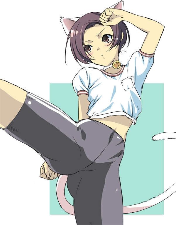 bell, bike_shorts, black_hair, brown_eyes, cat_ears, cat_tail, kicking, kobayakawa_rinko, love_plus, midriff, short_hair, tail, vineyard