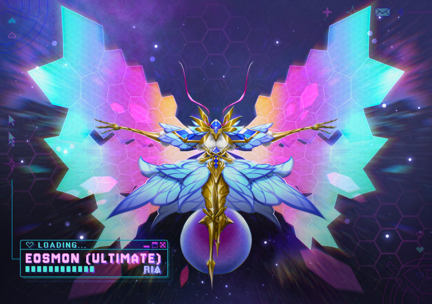 1girl, armor, character_name, digimon, digimon_(creature), digimon_day, eosmon_ultimate, extra_arms, full_body, gold_armor, highres, insect_wings, ocarianya, solo, wings