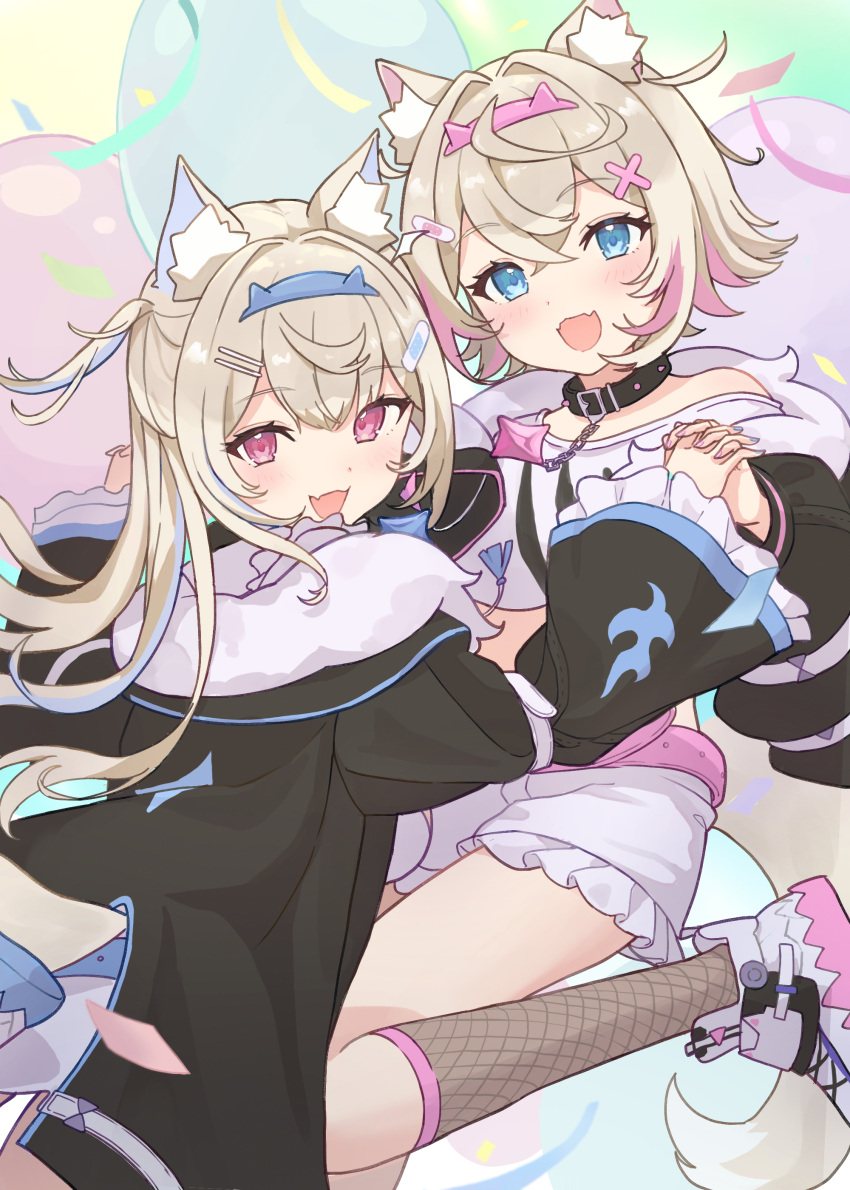 2girls, absurdres, animal_ears, bandaid, bandaid_hair_ornament, black_collar, black_jacket, blue_eyes, blue_hair, collar, cropped_jacket, dog_ears, dog_girl, dog_tail, fang, fur-trimmed_jacket, fur_trim, fuwawa_abyssgard, fuwawa_abyssgard_(1st_costume), hair_ornament, hairpin, highres, hololive, hololive_english, interlocked_fingers, jacket, looking_at_viewer, mochigome_19, mococo_abyssgard, mococo_abyssgard_(1st_costume), multiple_girls, pink_eyes, pink_hair, shirt, shorts, siblings, sisters, skin_fang, smile, spiked_collar, spikes, tail, twins, virtual_youtuber, white_shirt, white_shorts, x_hair_ornament