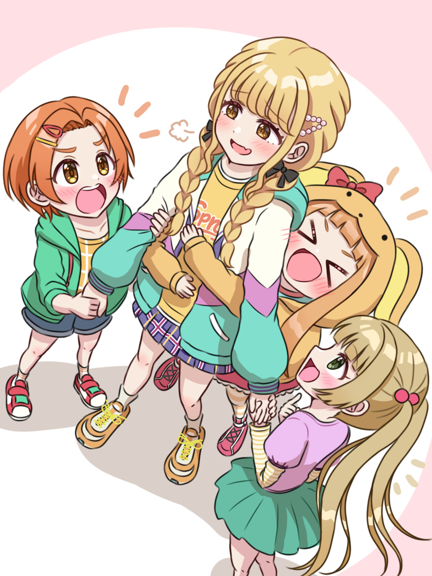 >_<, 4girls, :d, :o, absurdres, animal_hood, blonde_hair, blush, braid, child, commission, fang, fujita_kotone, full_body, gakuen_idolmaster, highres, holding_hands, hood, hood_up, hug, hug_from_behind, ichihara_nina, idolmaster, idolmaster_cinderella_girls, in-franchise_crossover, multiple_girls, nagi_kai, notice_lines, orange_hair, puff_of_air, rabbit_hood, ryuzaki_kaoru, shoes, skeb_commission, skin_fang, smile, sneakers, teeth, twin_braids, twintails, upper_teeth_only, yokoyama_chika