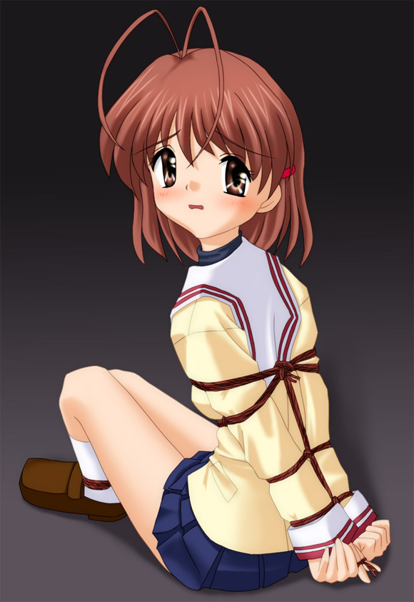 1girl, arms_behind_back, bdsm, blush, bondage, bound_ankles, bound_wrists, clannad