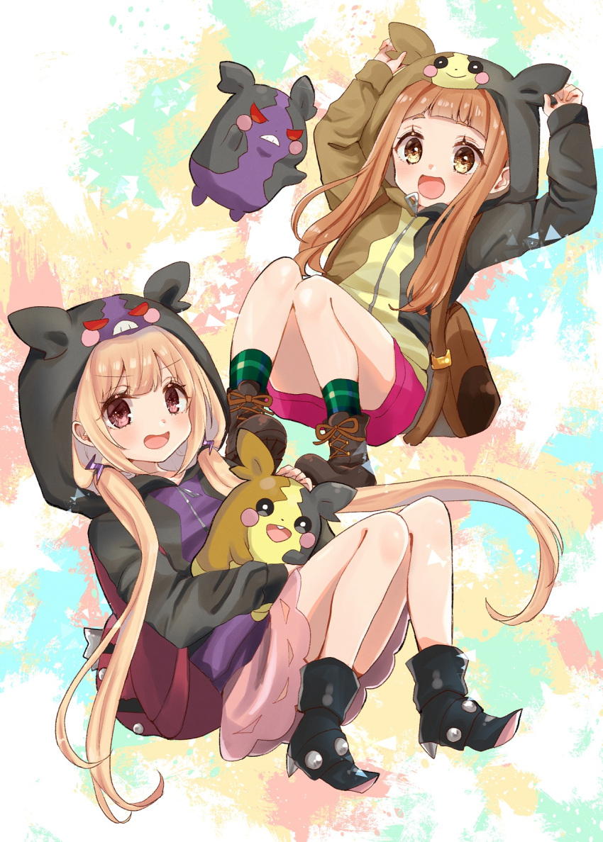 2girls, :d, arms_up, backpack, bag, black_boots, blonde_hair, boots