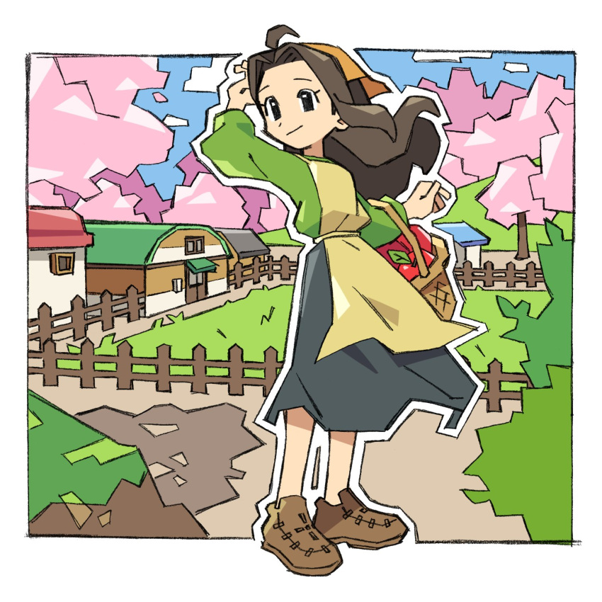 1girl, ahoge, apple, apron, arm_behind_head, bandana, basket, black_skirt