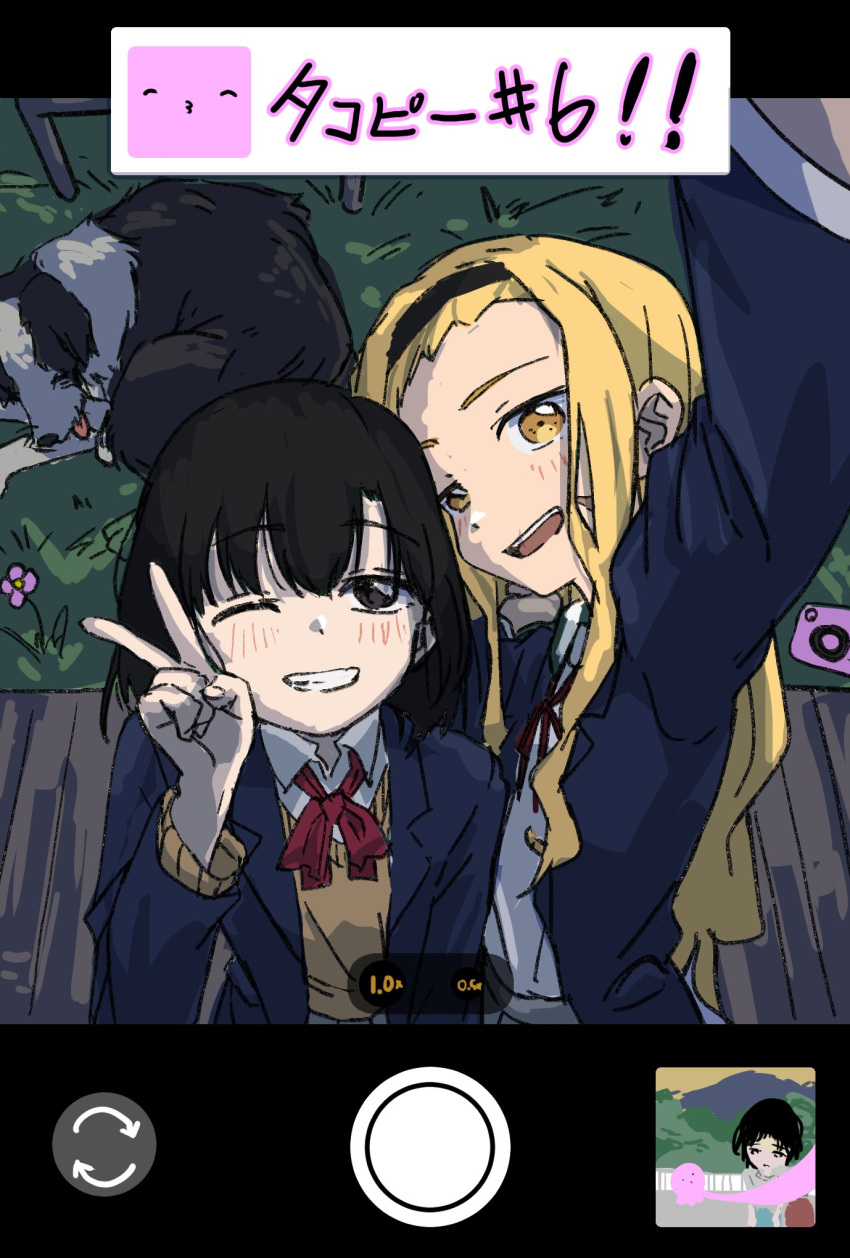 2girls, bangs_pinned_back, black_hair, blonde_hair, camera, chappy_(takopii_no_genzai), dog, flower
