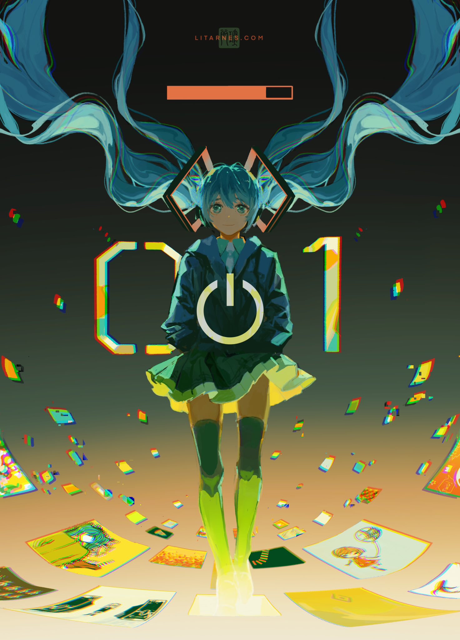 1girl, absurdly_long_hair, aqua_eyes, aqua_shirt, artist_name, black_background, black_skirt, black_thighhighs