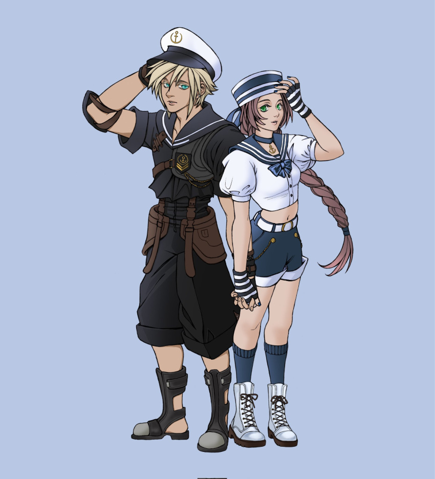 1boy, 1girl, aerith_gainsborough, alternate_costume, anchor_necklace, aqua_eyes, arm_behind_head, armor