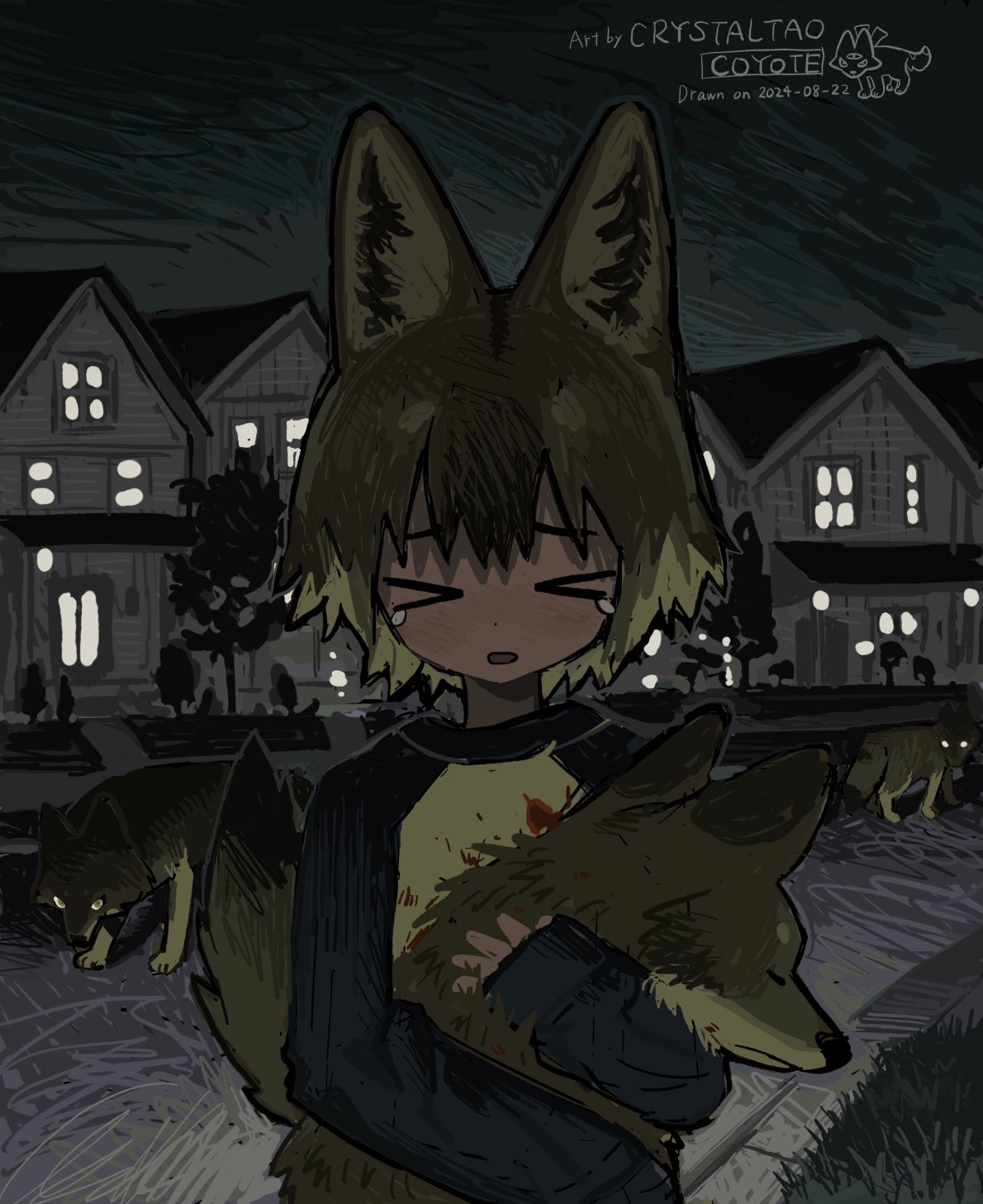 >_<, animal, animal_ears, blood, blood_on_clothes, coyote, coyotetaodog, crying
