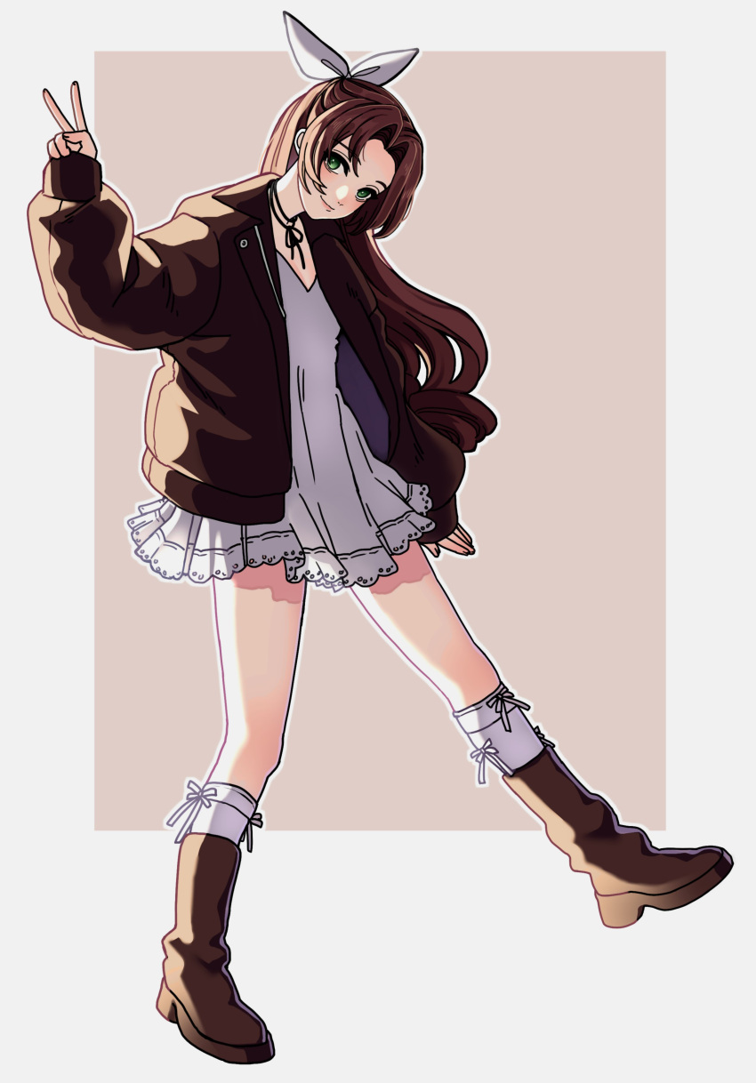 1girl, absurdres, aerith_gainsborough, alternate_costume, boots, border, brown_background, brown_boots