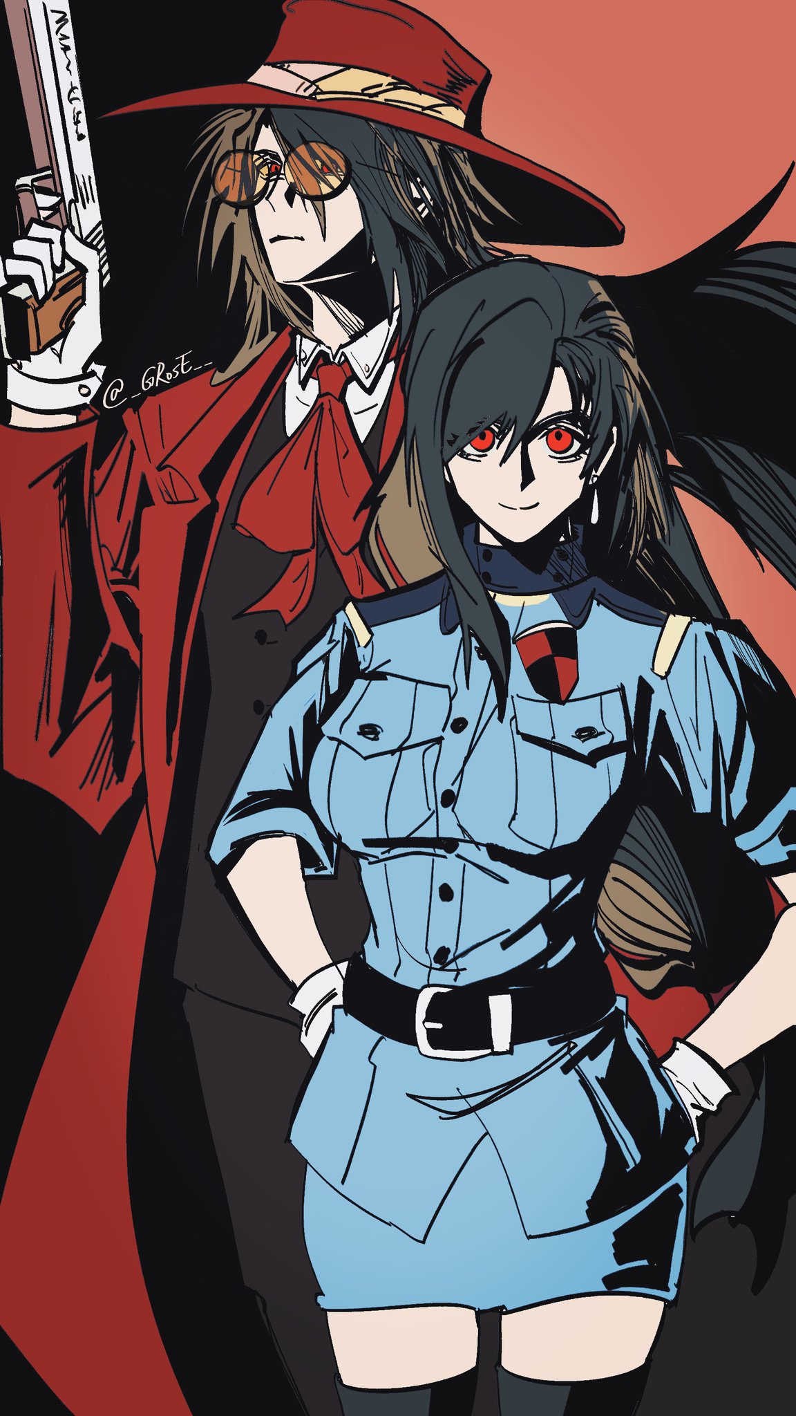 1boy, 1girl, alucard_(hellsing), alucard_(hellsing)_(cosplay), belt, belt_buckle, black_background, black_belt, black_hair, black_pants, black_thighhighs, black_vest, blue_skirt, breasts, buckle, closed_mouth, coat, collared_shirt, cosplay, cowboy_shot, earrings, final_fantasy, final_fantasy_vii, gloves, grose, gun, hair_between_eyes, hands_on_own_hips, hellsing, highres, holding, holding_gun, holding_weapon, jewelry, long_hair, long_sleeves, looking_at_viewer, low-tied_long_hair, medium_breasts, military_uniform, miniskirt, necktie, pants, red_background, red_coat, red_eyes, red_hair, red_necktie, round_teeth, seras_victoria, seras_victoria_(cosplay), shirt, short_sleeves, skirt, smile, teeth, thigh-highs, tifa_lockhart, twitter_username, two-tone_background, vest, vincent_valentine, waistcoat, weapon, white_gloves, white_shirt, wide_brim