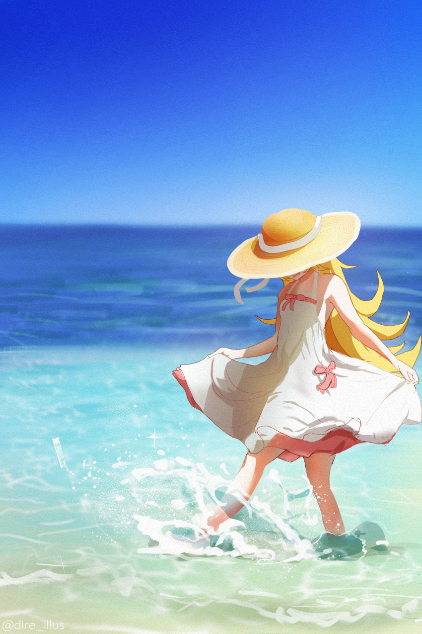 1girl, absurdres, blonde_hair, commentary, dire_illus, dress, hat, highres, long_hair, monogatari_(series), ocean, oshino_shinobu, outdoors, solo, sun_hat, sundress, water, white_dress