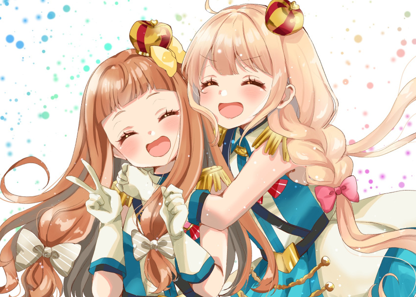 2girls, :d, ^_^, blonde_hair, blue_skirt, blush, bow, braid